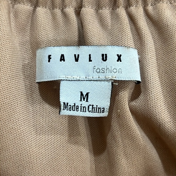 FAVLUX Off The Shoulder Ruffle Dress M Polka Dot Boho Chic Tiered Tan Stretch - Picture 8 of 9